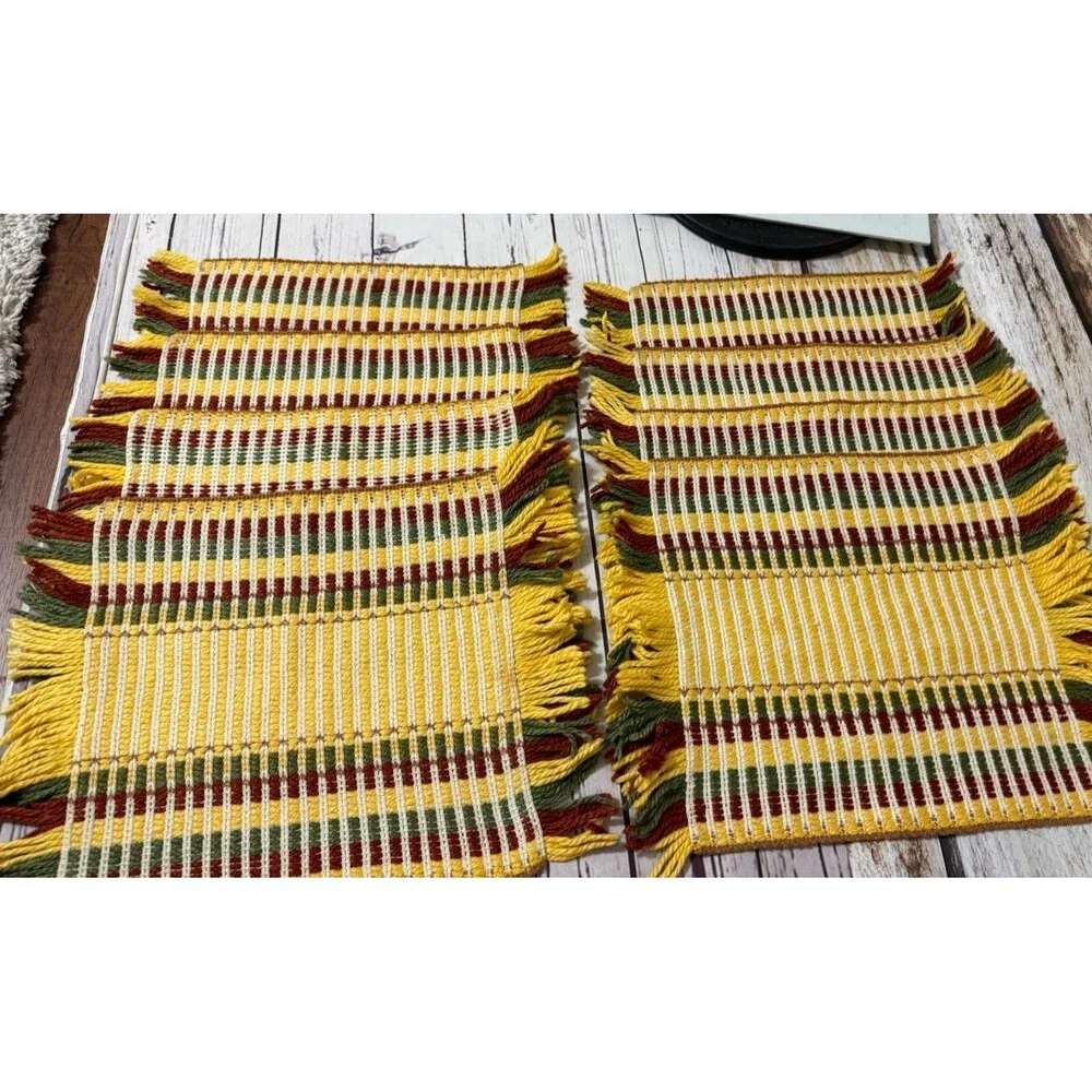 Set Of 8 Hand Made Placemats MCM Yellow Green Burgundy Knit